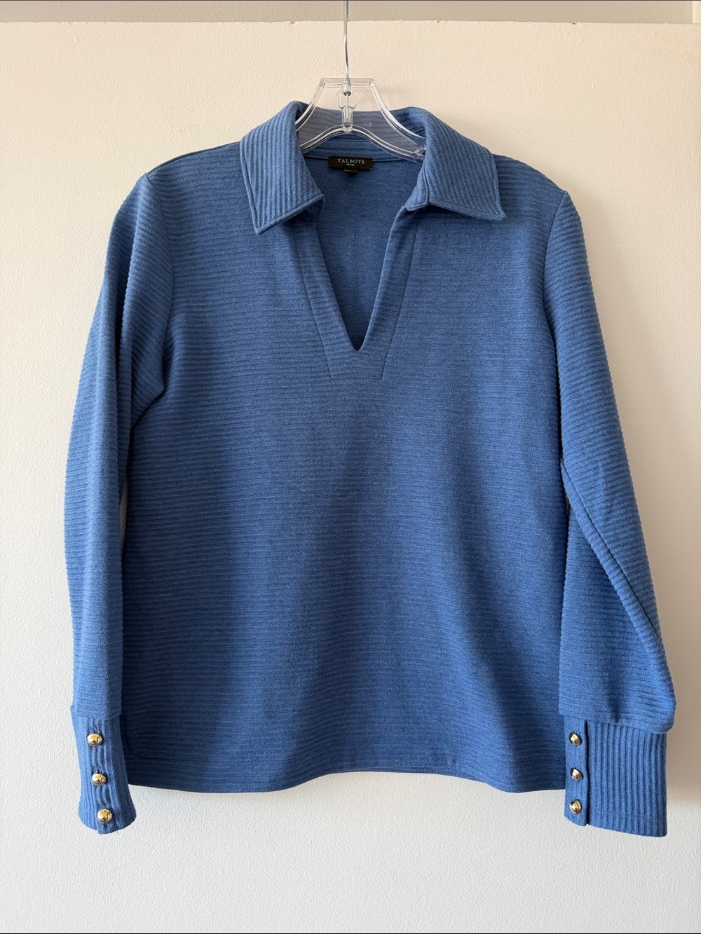 Talbots Petite Blue Ribbed Knit Johnny Collar Pullover Sweater Gold Button Cuff